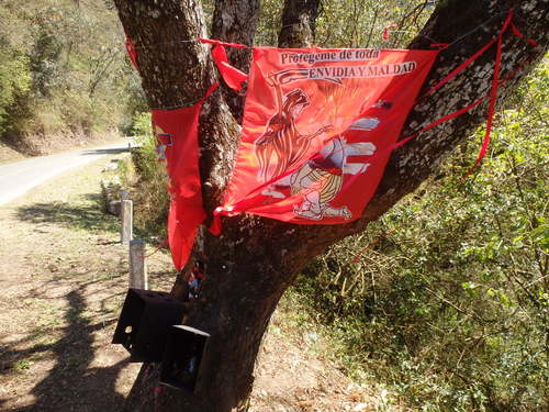 Typical Gauchito Gil shrine flags.